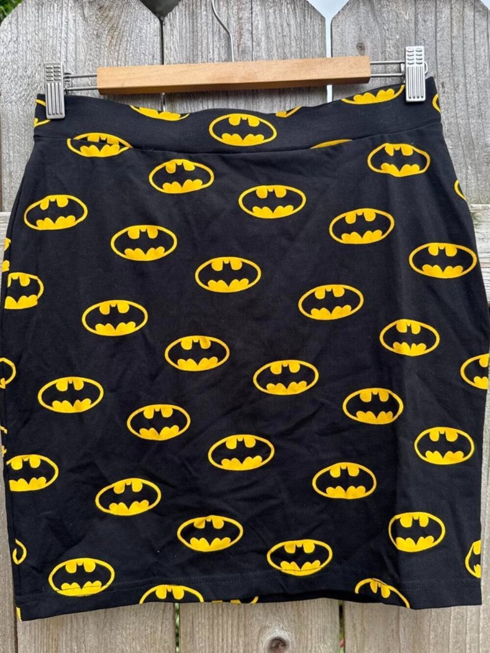 Black & yellow Size Medium Batman mini pencil skirt with 90s yellow Batman logos